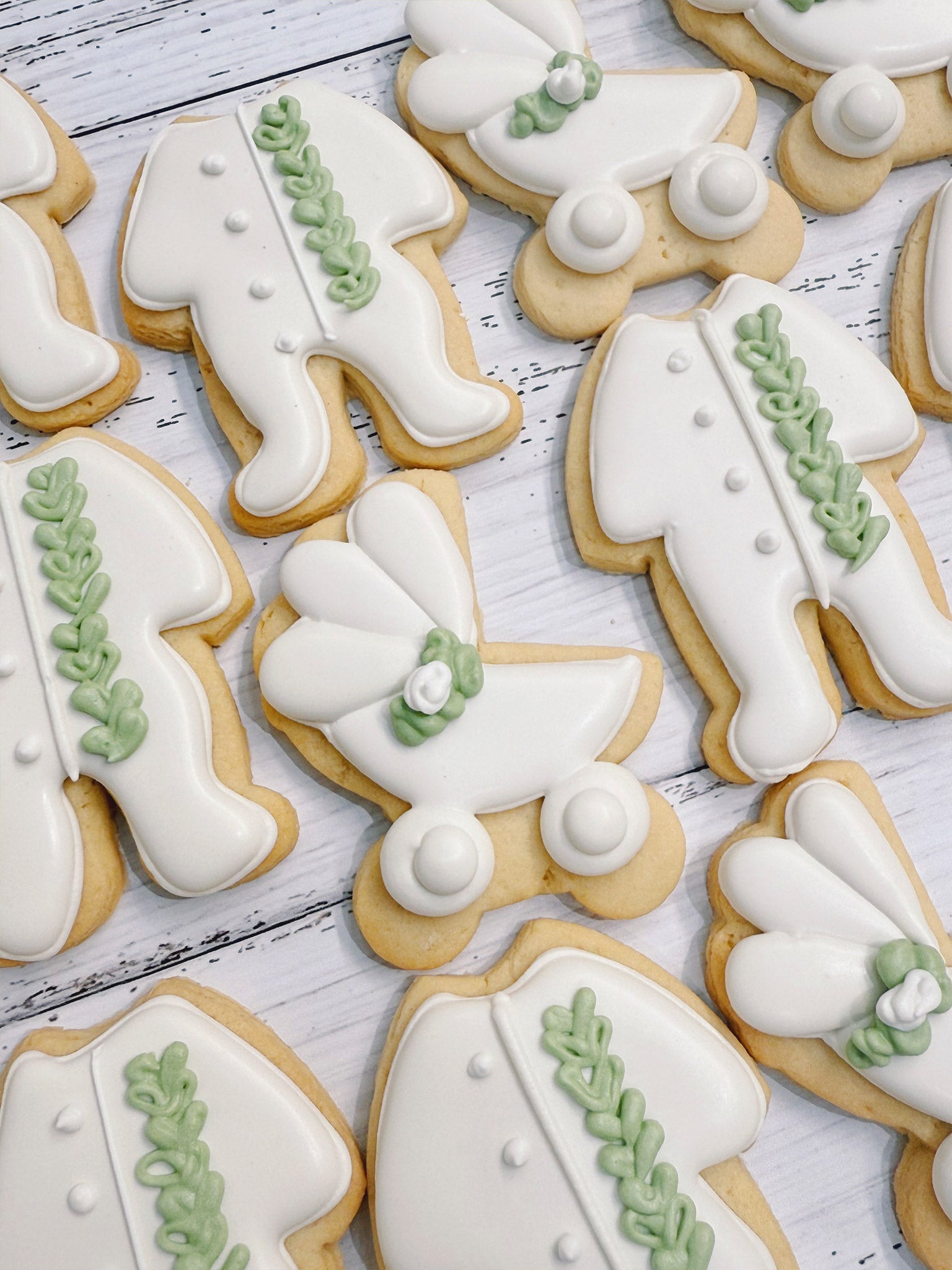 Leafy Rompers & Rattles | Beautiful Rustic Baby Shower Cookies - Sugar Rush by Steph Cookie Box Delivery Melbourne Australia