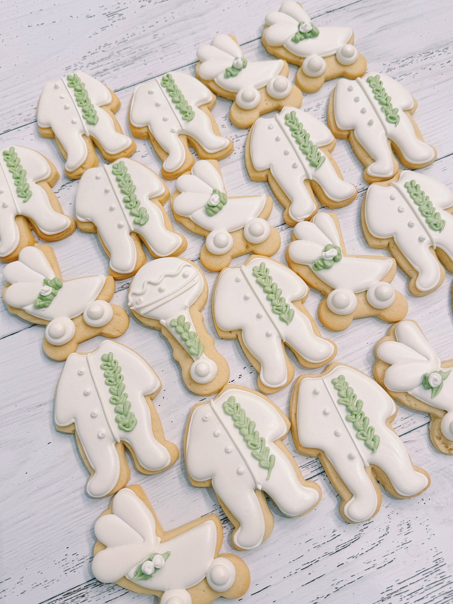 Leafy Rompers & Rattles | Beautiful Rustic Baby Shower Cookies - Sugar Rush by Steph Cookie Box Delivery Melbourne Australia