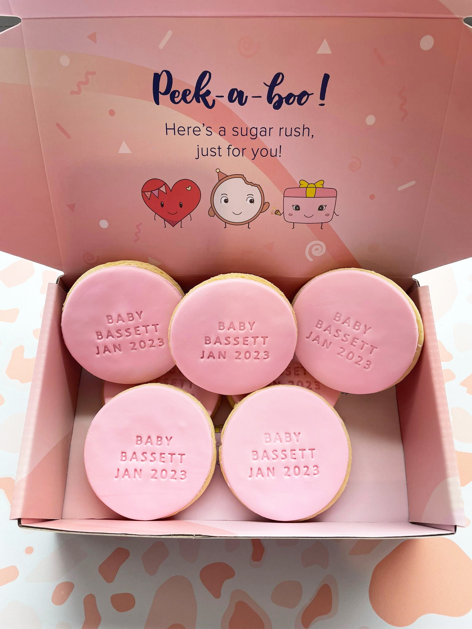 Best Baby Shower Cookies With Date | Light Pink Custom Cookies - Sugar Rush by Steph Biscuit Box Sugar Rush by Steph