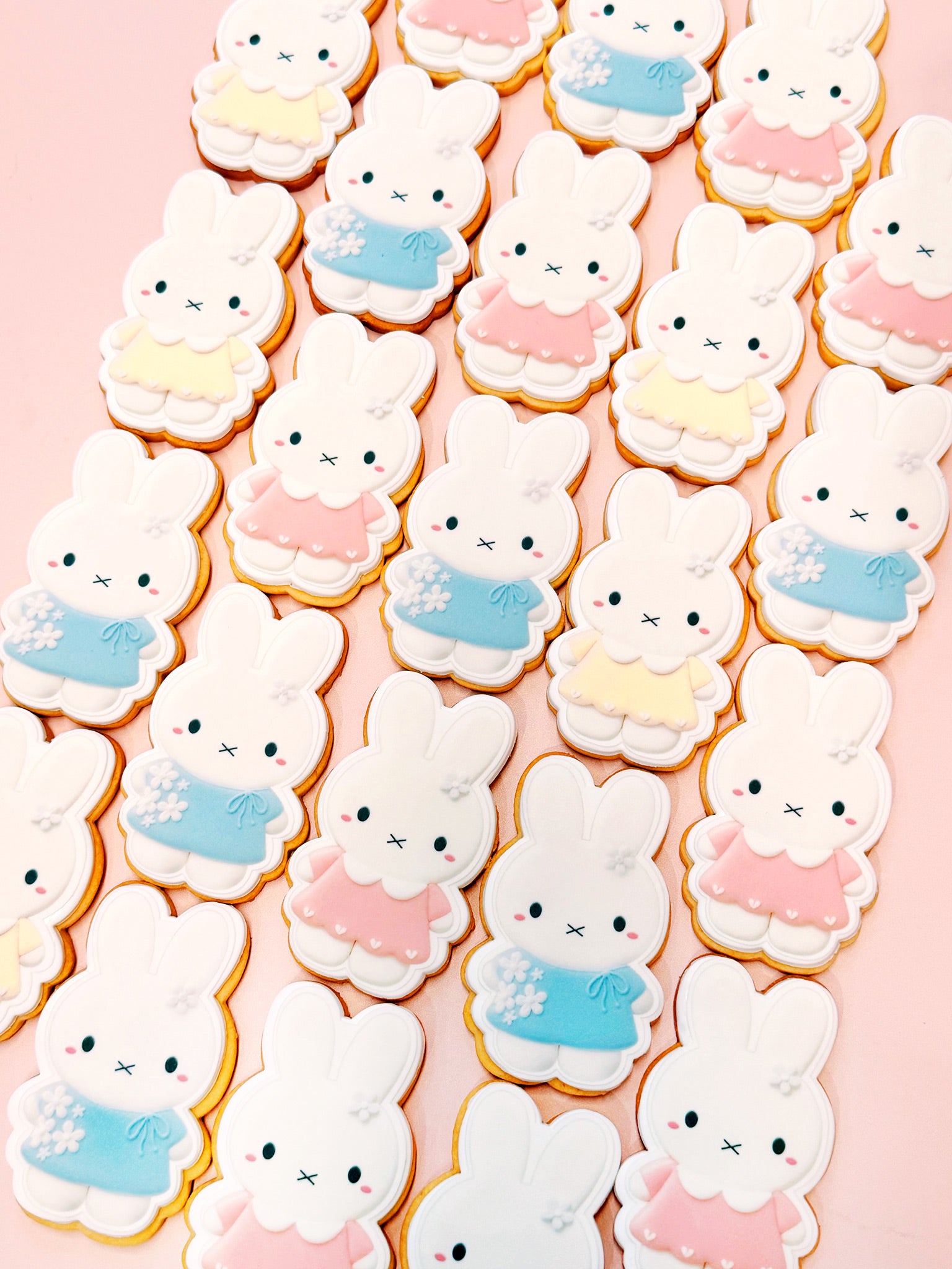 Cute Miffy Bunny cookies with colorful clothing on a pink background | Cute Miffy Bunny Cookies | Personalised Party Gifts & Cookie Favours - Sugar Rush by Steph Biscuit Box Delivery Australia-wide