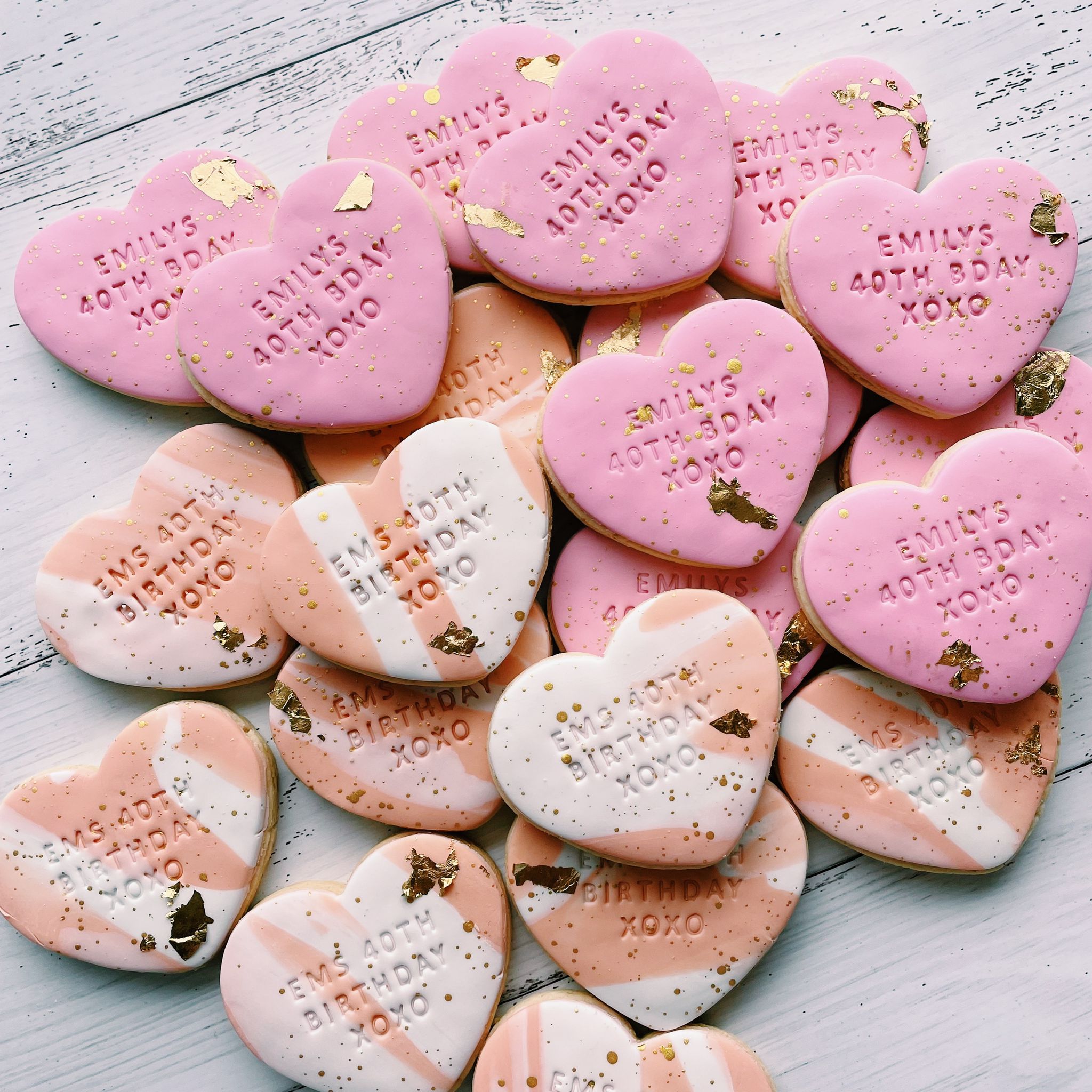Cute Pink Chubby Heart Custom Cookies with Gold Detailing | Happy Birthday Cookies Australia Sugar Rush by Steph