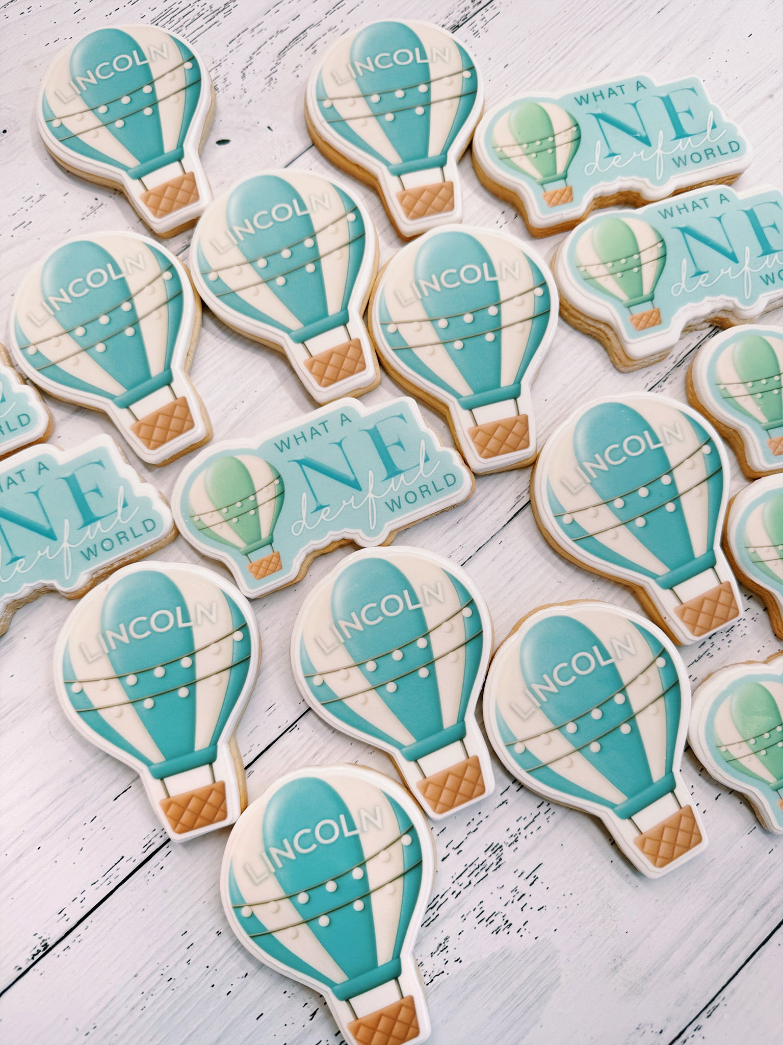 What A Onederful World | Hot Air Balloon Theme Baby's First Birthday Cookies - Sugar Rush by Steph Kids' Birthday Pastel Custom Cookies, Australia-wide Cookie Box Delivery