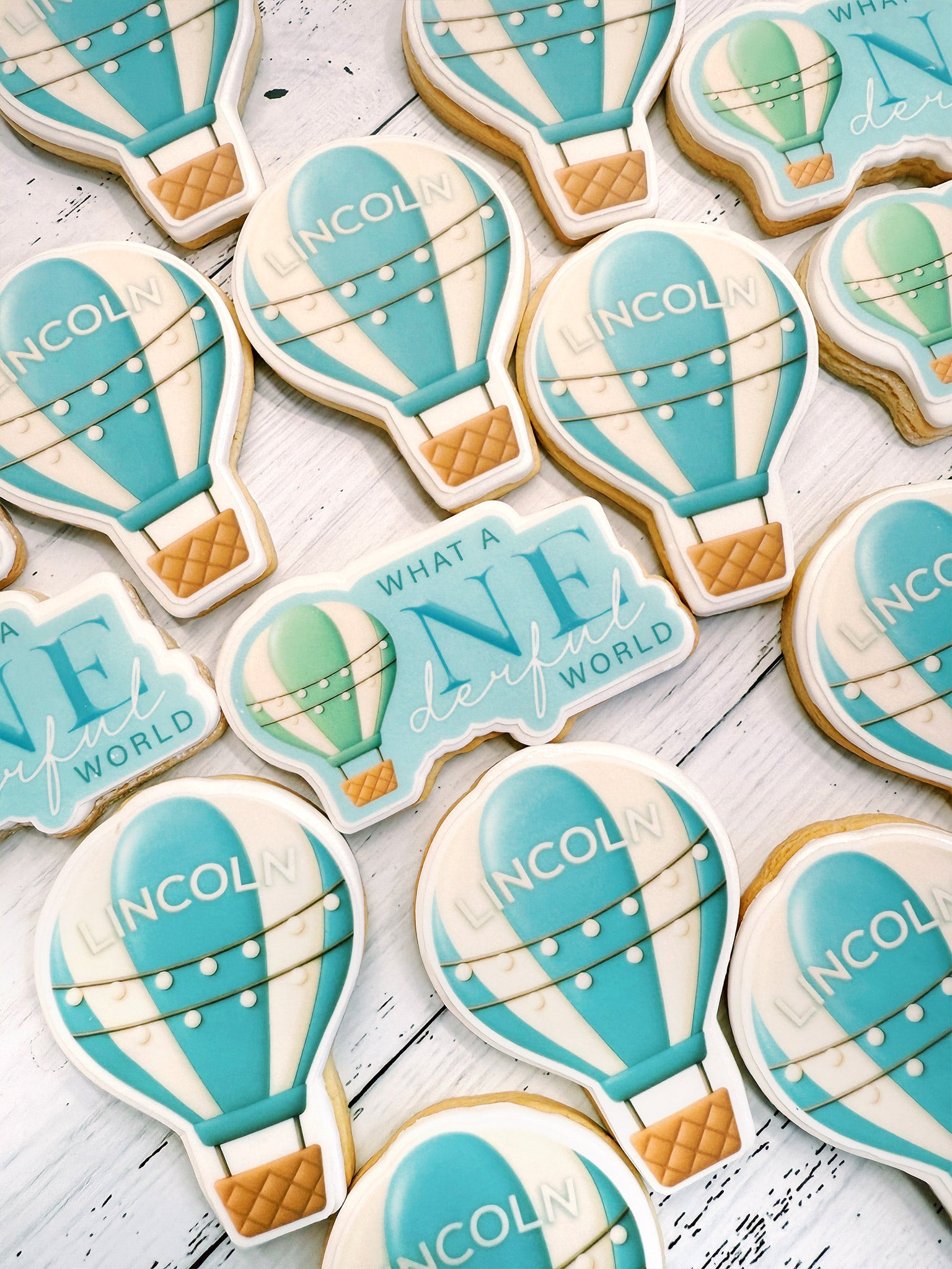 What A Onederful World | Hot Air Balloon Theme Baby's First Birthday Cookies - Sugar Rush by Steph Kids' Birthday Pastel Custom Cookies, Australia-wide Cookie Box Delivery