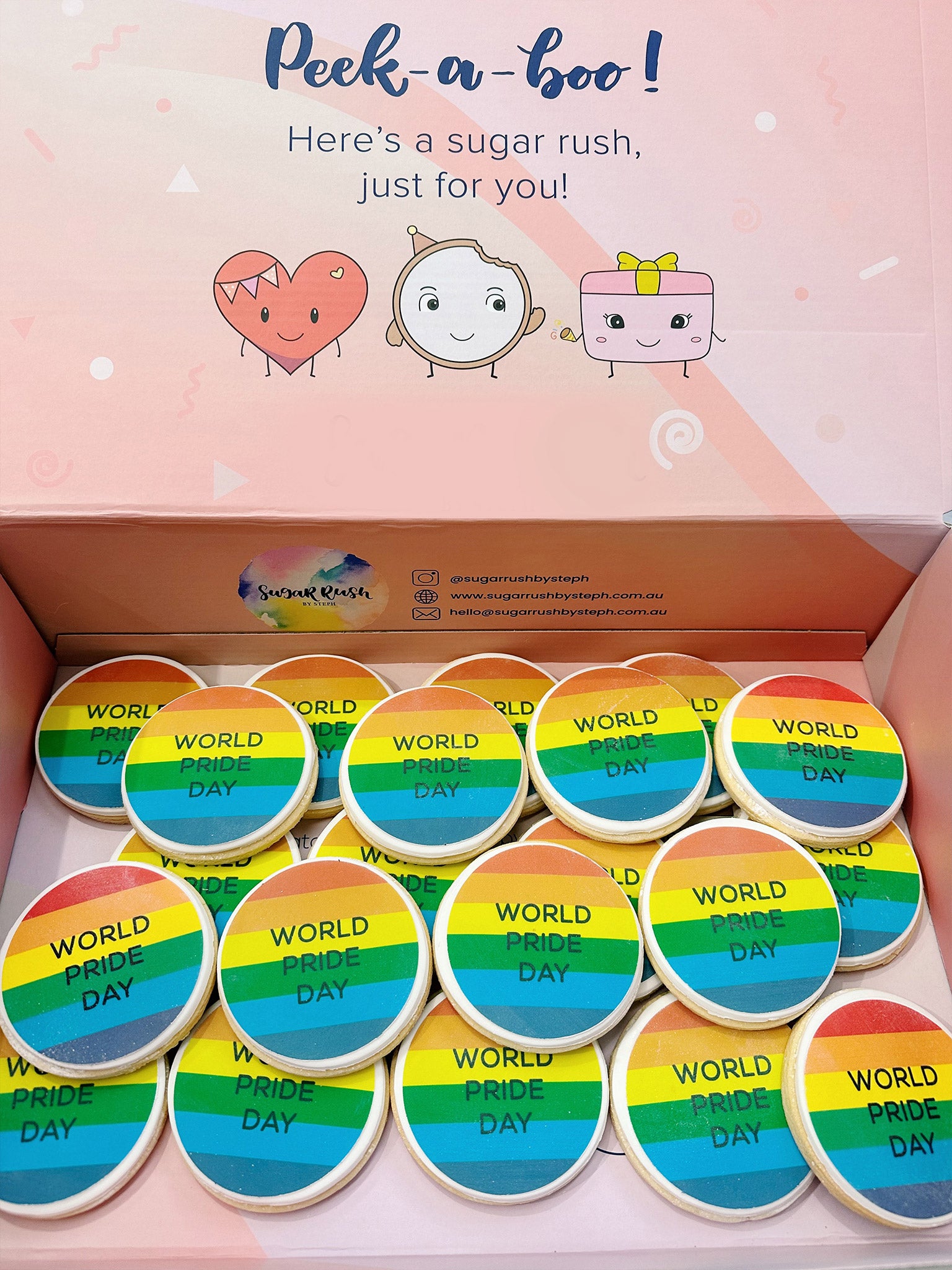 World Pride Day Cookies | Round Rainbow Cookies for Pride Month | Sugar Rush by Steph Cookies Australia