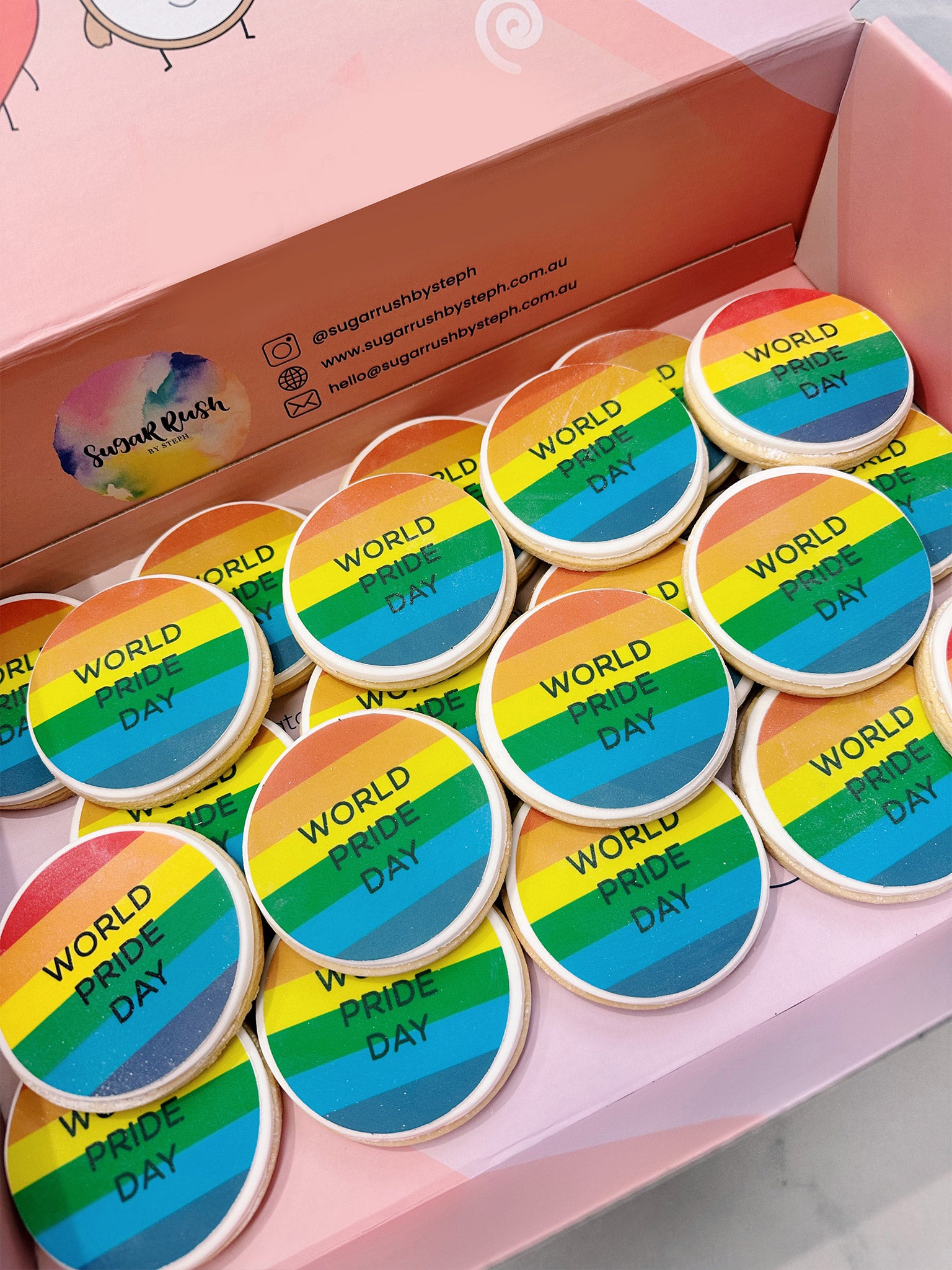 World Pride Day Cookies | Round Rainbow Cookies for Pride Month | Sugar Rush by Steph Cookies Australia