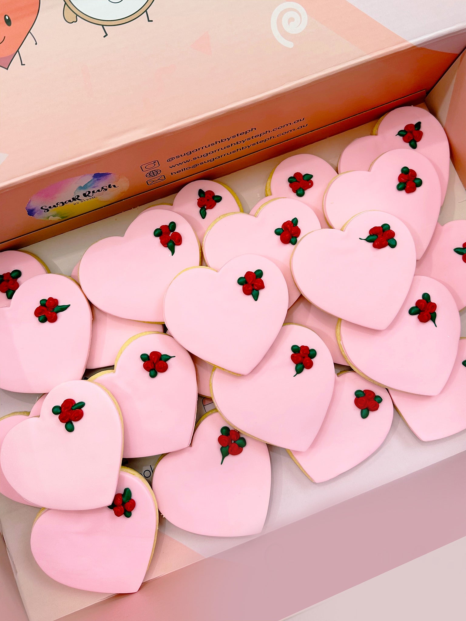 Rose Heart Cookies | Custom Pink Love Heart Cookie Delivery for Mother's Day and Valentine's - Sugar Rush by Steph Cookie Box Delivery Australia