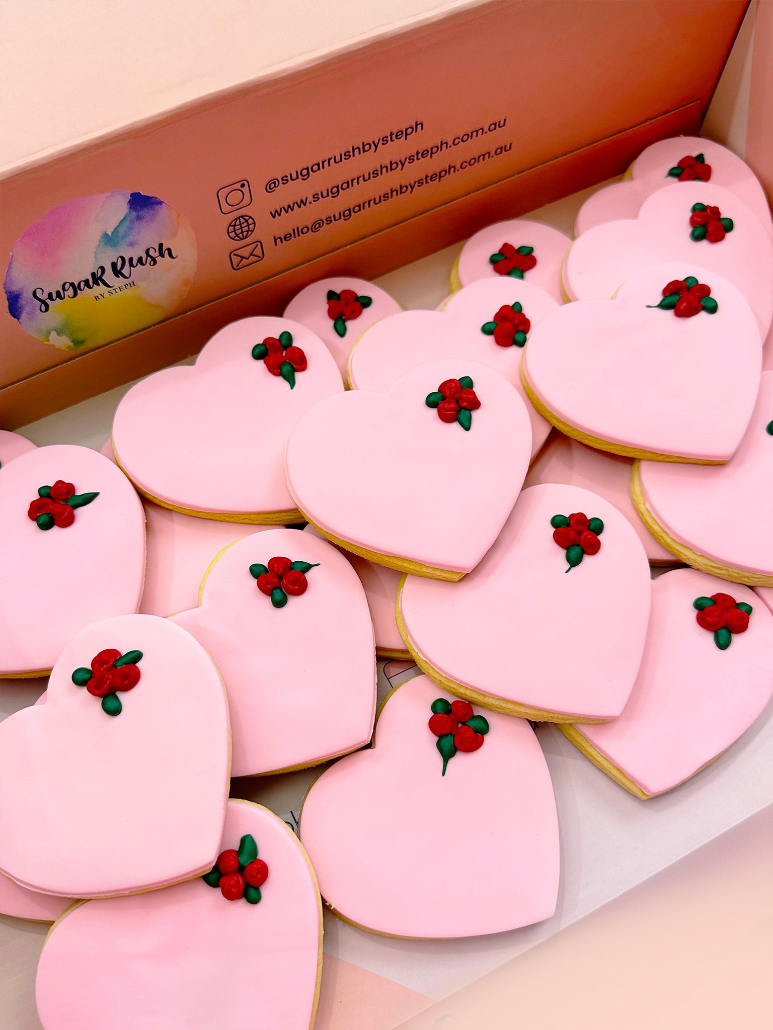 Rose Heart Cookies | Custom Pink Love Heart Cookie Delivery for Mother's Day and Valentine's - Sugar Rush by Steph Cookie Box Delivery Australia