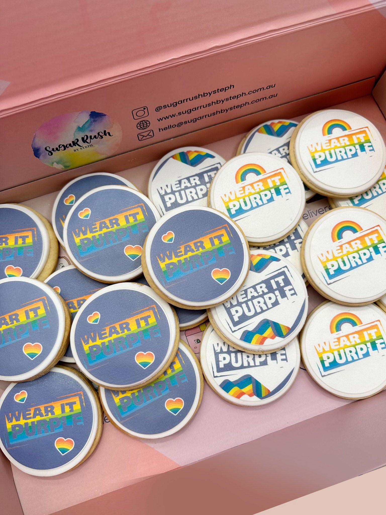 Wear It Purple Cookies | LGBTIQA+ Pride Awareness Gifts for Youths - Sugar Rush by Steph Cookie Box Australia